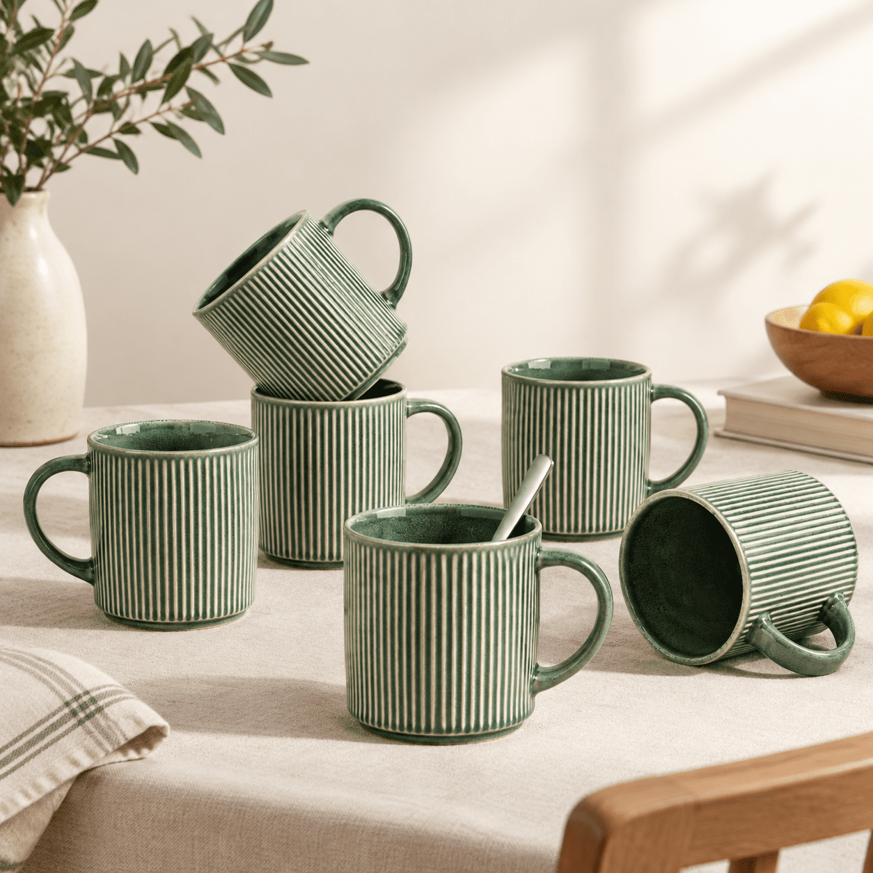 Dark Green 12 Ounces Stoneware Coffee Mug Set of 6 with Handle ...