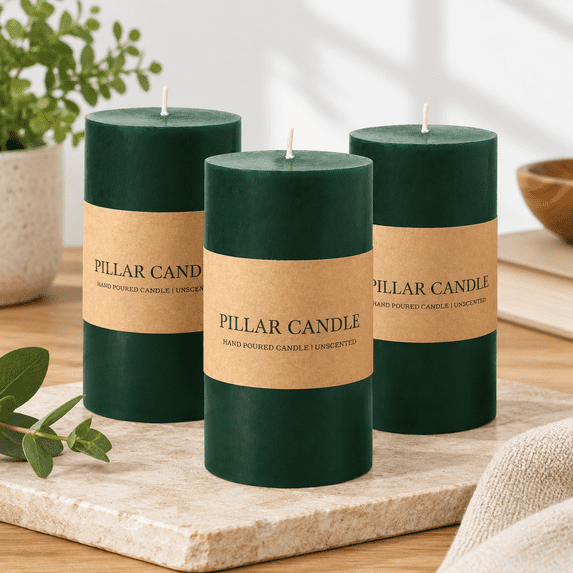 Dark Green 3x6 Inch Pillar Candles, Set of 3 Unscented Wax Candles ...