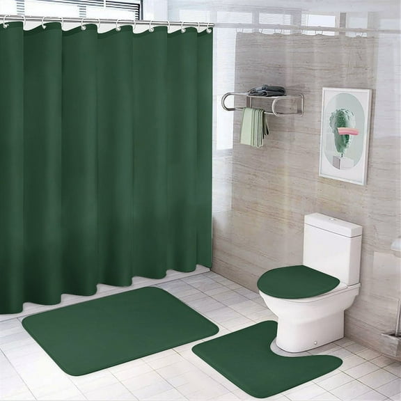 Dark Green 4 Pcs Bathroom Shower Curtain Set, Bathroom Sets with Rugs (Bath Mat, U Shape and Toilet Lid Cover Mat) and 12 Hooks,