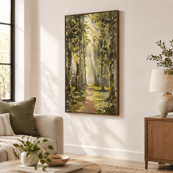 Dark Green 40"L x 20"W Framed Vintage Forest Landscape Vertical Canvas Wall Art