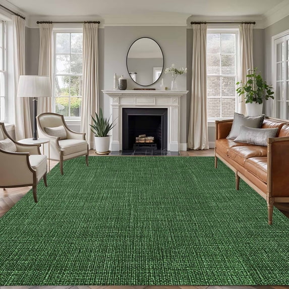 Dark Green 5x7 Area Rugs, Farmhouse Burlap Solid Green Color Modern Linen Texture Non-Skid Rubber Backing Large Rectangle Rugs - Living Room Bedroom Home Office, Indoor Floor Mat Carpets Washable Rug