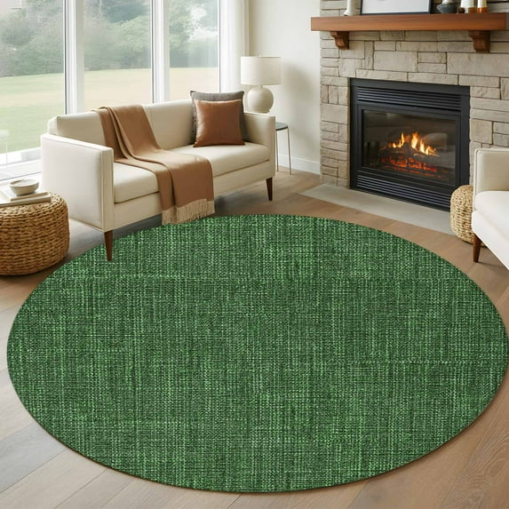 Dark Green 6ft Round Rug, Farmhouse Burlap Solid Green Color Modern Linen Texture Non-Skid Rubber Backing Large Area Rugs - Living Room Bedroom Home Office, Indoor Floor Mat Carpets Washable Rug