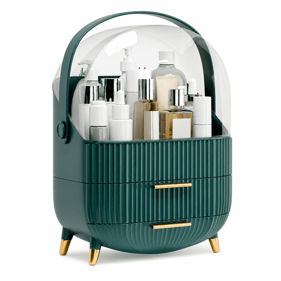 Dark Green ABS Makeup Organizer with Lid Drawers, Countertop Vanity Skincare Storage