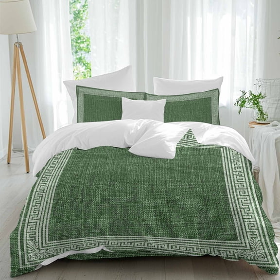Dark Green Abstract Art Duvet Cover Set Twin Size, Vintage Linen Greek Key Geometric 4 Piece Soft Microfiber Bedding Set with 1 Duvet Cover, 1 Flat Sheet, 2 Pillowcases