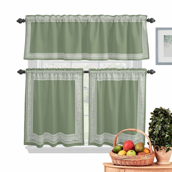 Dark Green Abstract Art Kitchen Curtains Valances 3 Piece Set, Geometric Greek Key Country Farm Rod Pocket Tier Curtain and Valance Drapes for Small Window 24 Inch Length for Bedroom Cafe