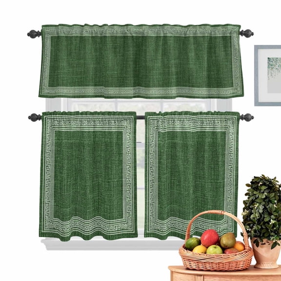 Dark Green Abstract Art Kitchen Curtains Valances 3 Piece Set, Vintage Linen Greek Key Geometric Rod Pocket Tier Curtain and Valance Drapes for Small Window 24 Inch Length for Bedroom Cafe