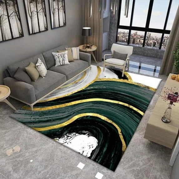 Dark Green Area Rug, Abstract Green White Gold Carpet Modern Marble Area Rugs For Living Dinning Room Bedroom Bathroom Modern Home Decor 4' x 5'