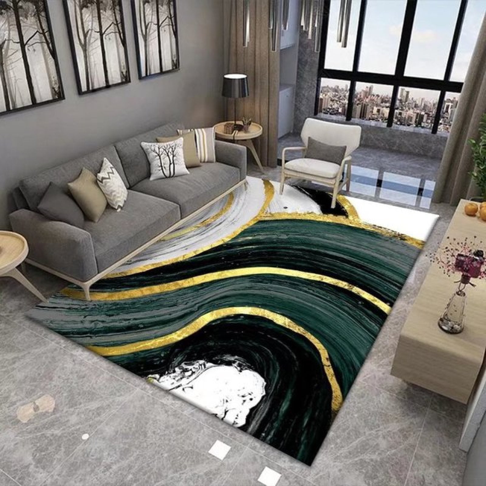 Dark Green Area Rug, Abstract Green White Gold Carpet Modern Marble