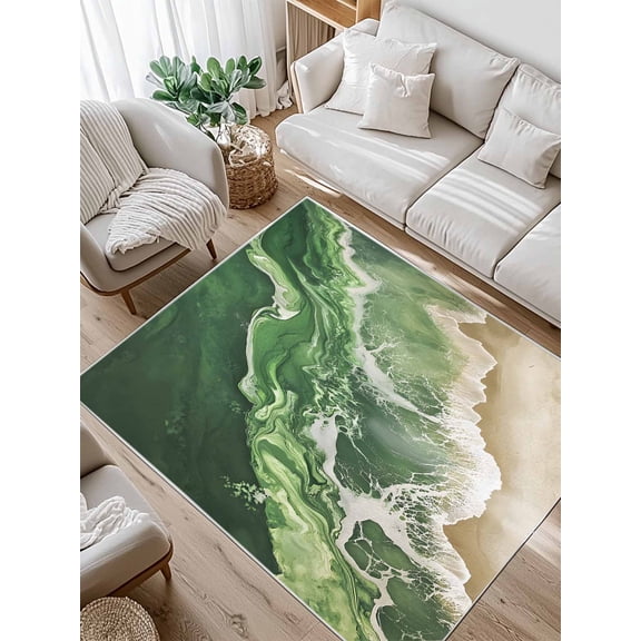 Dark Green Area Rug for Bedroom 5x7 Ft Beige Gradient Ocean Wave Abstract Beach Coastal Super Soft fuzzy Throw Rug Non-Slip Fluffy Plush Indoor Floor Carpet for Living Room Nursery Home Decor