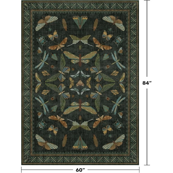 Dark Green Area Rugs 5x7 for Living Room - Fairy Fantasy Moss Rugs for Dining Room Table, Bedroom, Whimsical Insect Boho Moth Décor, Washable Non Skid Soft Carpet