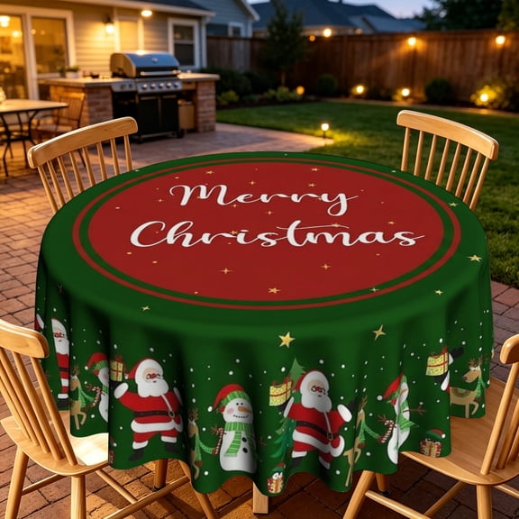 Dark Green Background Merry Christmas Script Santa Elf Figure Pattern Round Tablecloth, Polyester, For Dining Table, Indoor Farmhouse Holiday Decor