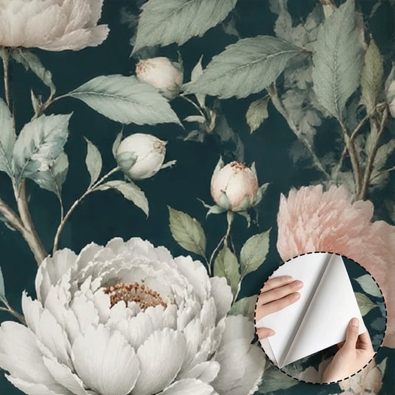 Dark Green Background Watercolor Peony Floral Wallpaper, Vintage Boho Floral peel and stick wallpaper, waterproof, Home Decor for Bedroom,Bathroom, Kitchen Cabinet, Dorm Room [17.7 * 118 in]