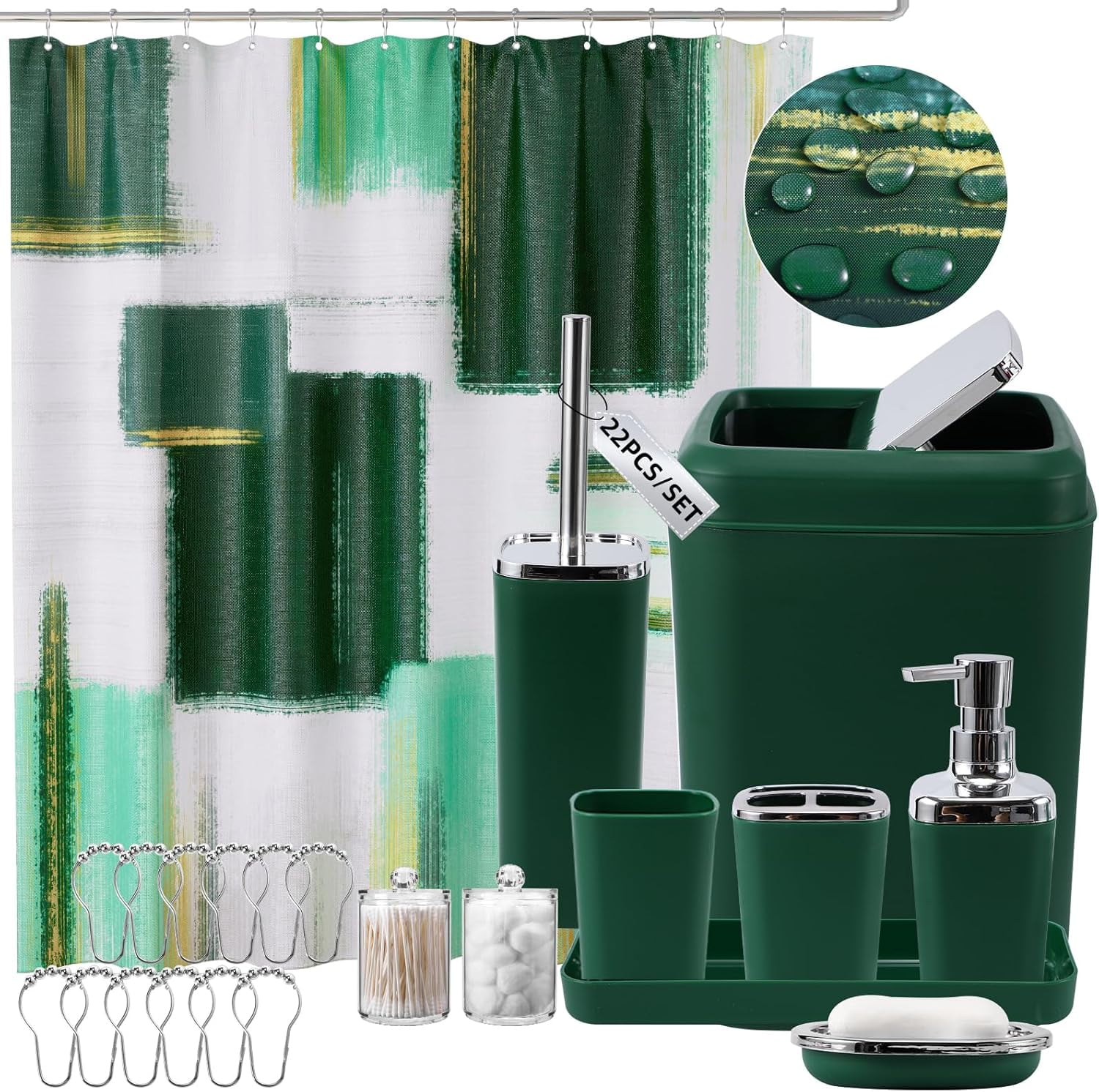 Dark Green Bathroom Accessories Set, Bathroom Sets with Shower Curtain ...