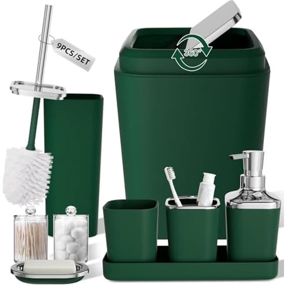Dark Green Bathroom Accessories Set, Green Bathroom Set with Trash Can ...