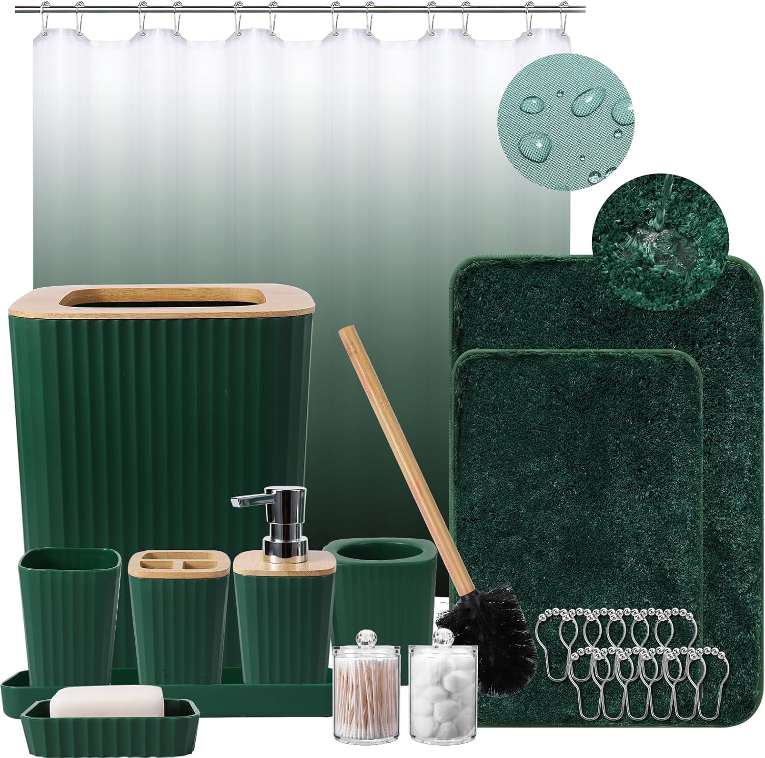 Dark Green Bathroom Accessories Set with Shower Curtain and Bathroom