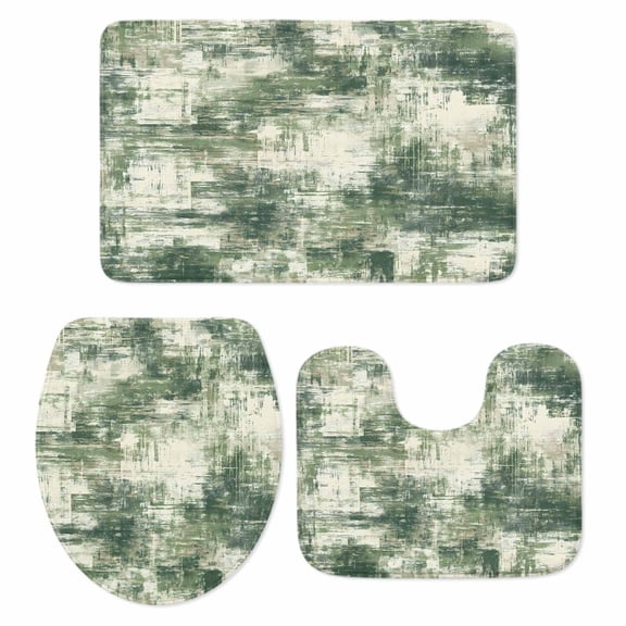 Dark Green Bathroom Rugs Set Modern Abstract Gradient Green Geometric Texture Non Slip Absorbent Soft Bath Mats 3 Piece Set with Bathroom Rug, U-Shaped Floor Mat, Toilet Seat Cover Large Size