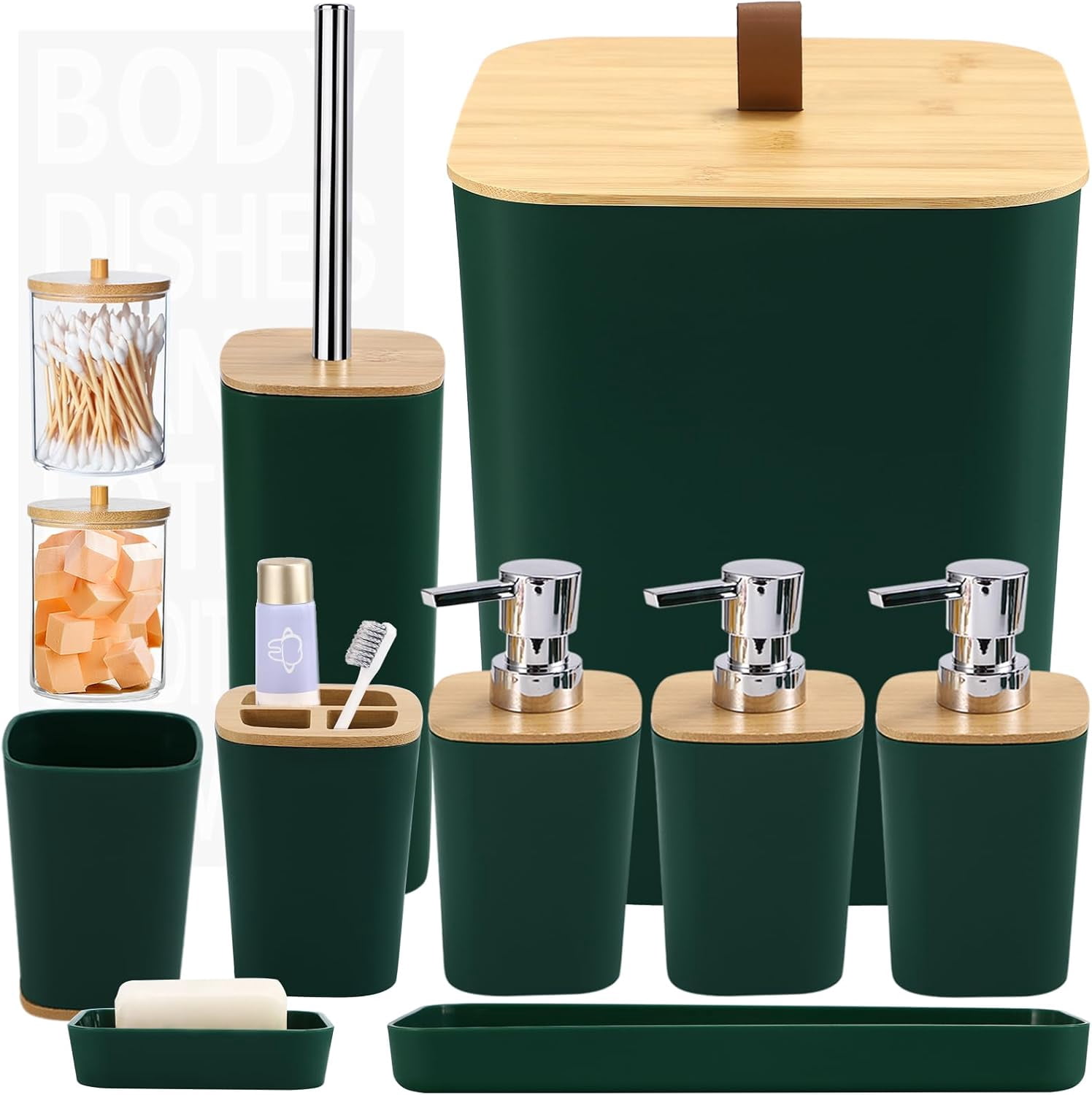 Dark Green Bathroom Set with 3 Soap Dispensers, Trash Can, Tray, Soap ...
