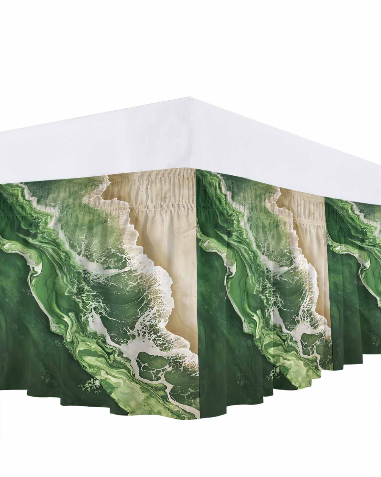 Dark Green Bed Skirt Queen Size 18" Drop Beige Gradient Ocean Wave Abstract Beach Coastal Ruffled Wrap Around Bed Skirts Adjustable Elastic Bedskirt Dust Ruffle for Queen Size Bed