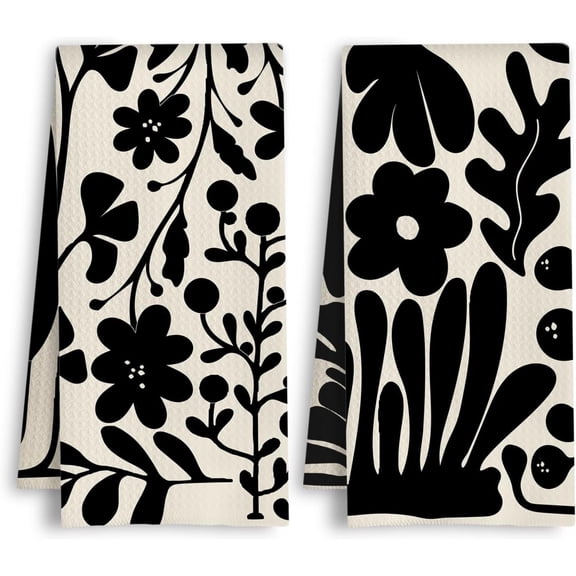 Dark Green and Black Boho Floral Kitchen Towels Abstract Mid Century Modern Flower Botanical Dish Tea Hand Towels for Kitchen Bathroom Decor, 16x24 Inch Set of 2
