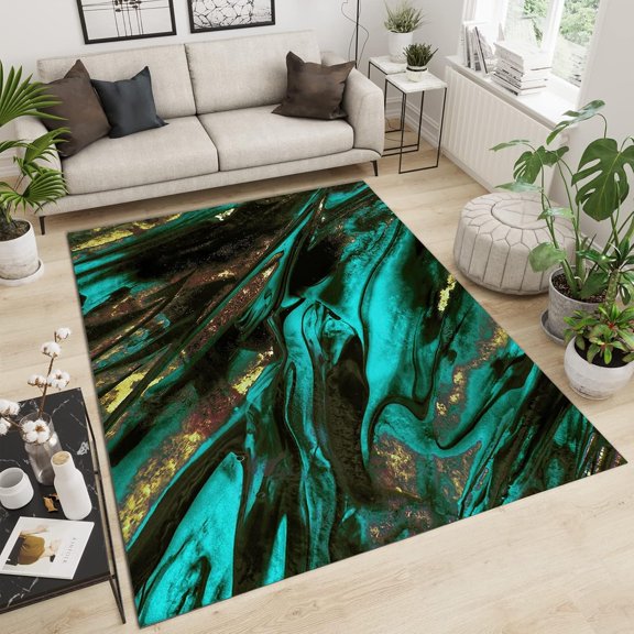 Dark Green Black Gold Abstract Area Rug, Luxury Indoor Rug, Bedroom Rug Non-Slip Machine Washable Soft Modern For Dormitory Game Room Living Room Dining Room 5x6ft