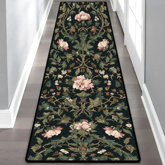 Dark Green Blush Peony Vintage Hallway Runner Rug, 60x18 Inches William Morris Style Long Floor Mat, Non-Slip Washable Botanical Art Rug for Entryway Kitchen