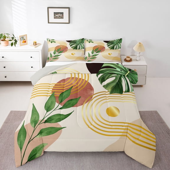 Dark Green Boho Comforter Set Twin Tropical Botanical Bedding Set Abstract Mid Century Banana Palm Leaf Bedding Comforter Sets Bohemian Nature Plant Leaves Quilt Duvet Home Room Decor