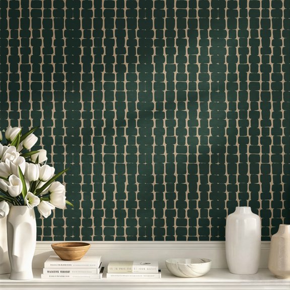 Dark Green Boho Grid Peel and Stick Wallpaper, Minimalist Aesthetic Rustic Wall Art Wall Decor Art Print, Elegant Stunning Wall Decoration for Living Room Bedroom Apartment Home Decor