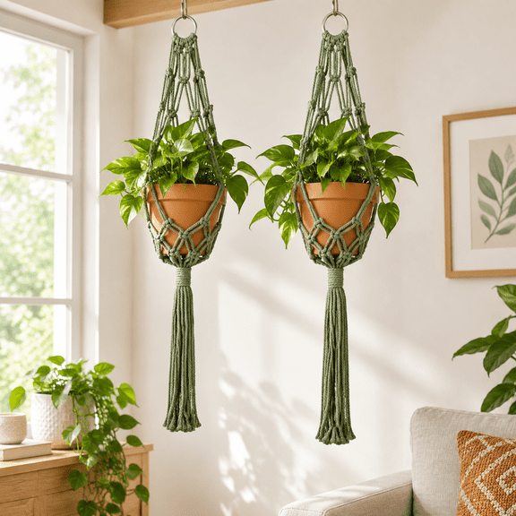 Dark Green Boho Hanging Planter, Recycled Cotton Rope Macrame Plant Hanger Set