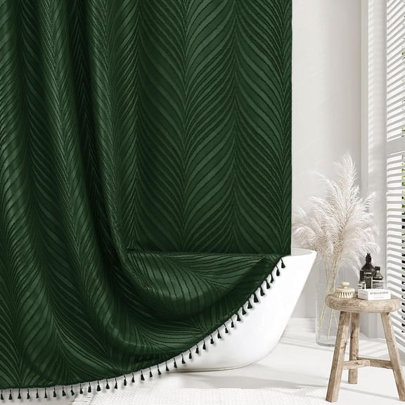 Dark Green Boho Shower Curtain Fabric Tufted Chevron Textured Elegant Cloth