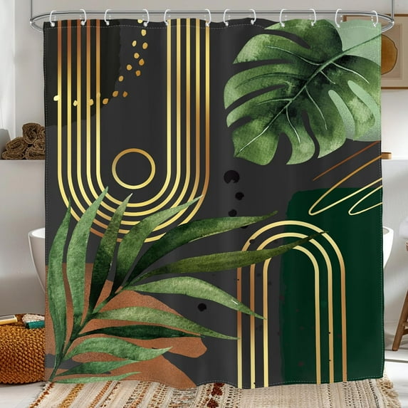 Dark Green Boho Shower Curtain Retro Mid Century Bathroom Minimalist Tropical Modern 72Wx72L Inches Bath Accessories Art Home Decor Fabric 12 Pack Hook