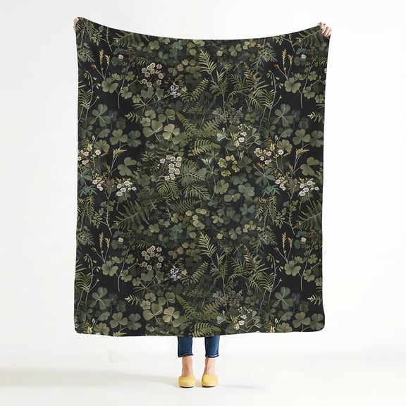 Dark Green Botanical Blanket, Vintage Nature Fern Leaf Clover Herb Plant Wildflower Throw Blanket for Home Living Room Bedroom Couch Bed Decor, Cottage Core Decor, 50x60 Inches