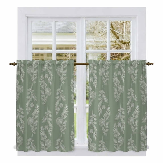 Dark Green Botanical Kitchen Curtains 54 Inch Length, Pastoral Elegant Spring Floral Tiers Curtains for Bathroom Bedroom Cafe, Light Filtering Small Window Treatment Short Drapes 2 Panels 42"Wx54"L