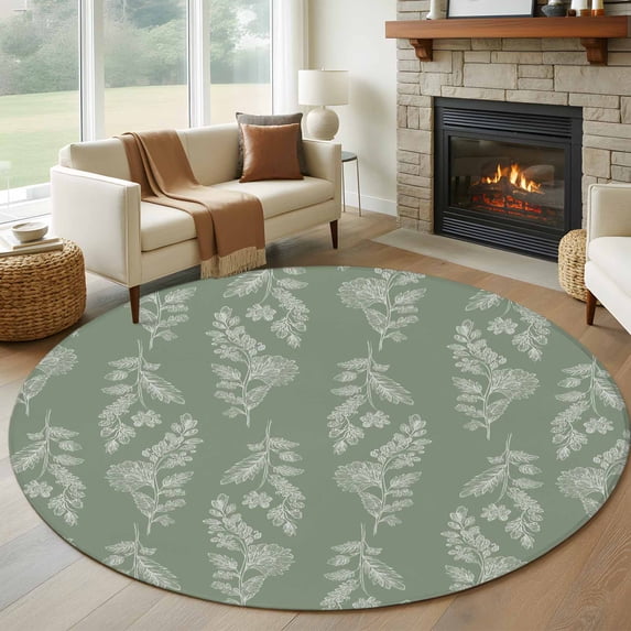 Dark Green Botanical Round Rug 6ft Washable Circle Kitchen Rugs Non Slip Pastoral Elegant Spring Floral Large Area Rug Indoor Floor Carpet for Bedroom Living Room Home Office Dining Room Nursery