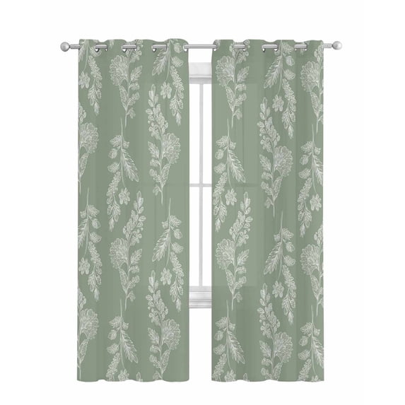 Dark Green Botanical Sheer Curtains 84 Inch Length 2 Panels Set for Living Room/Bedroom, Pastoral Elegant Spring Floral Kitchen Curtains Grommet Semi-Sheer Curtains Drapes Window Treatments 52"x84"x2