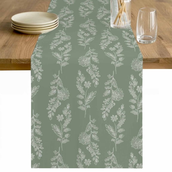 Dark Green Botanical Table Runner - 36 Inch Long Pastoral Elegant Spring Floral Cotton and Linen Blended Dress Scarves Farmhouse Table Runner for Kitchen Dining, Coffee Table, 13" x 36"