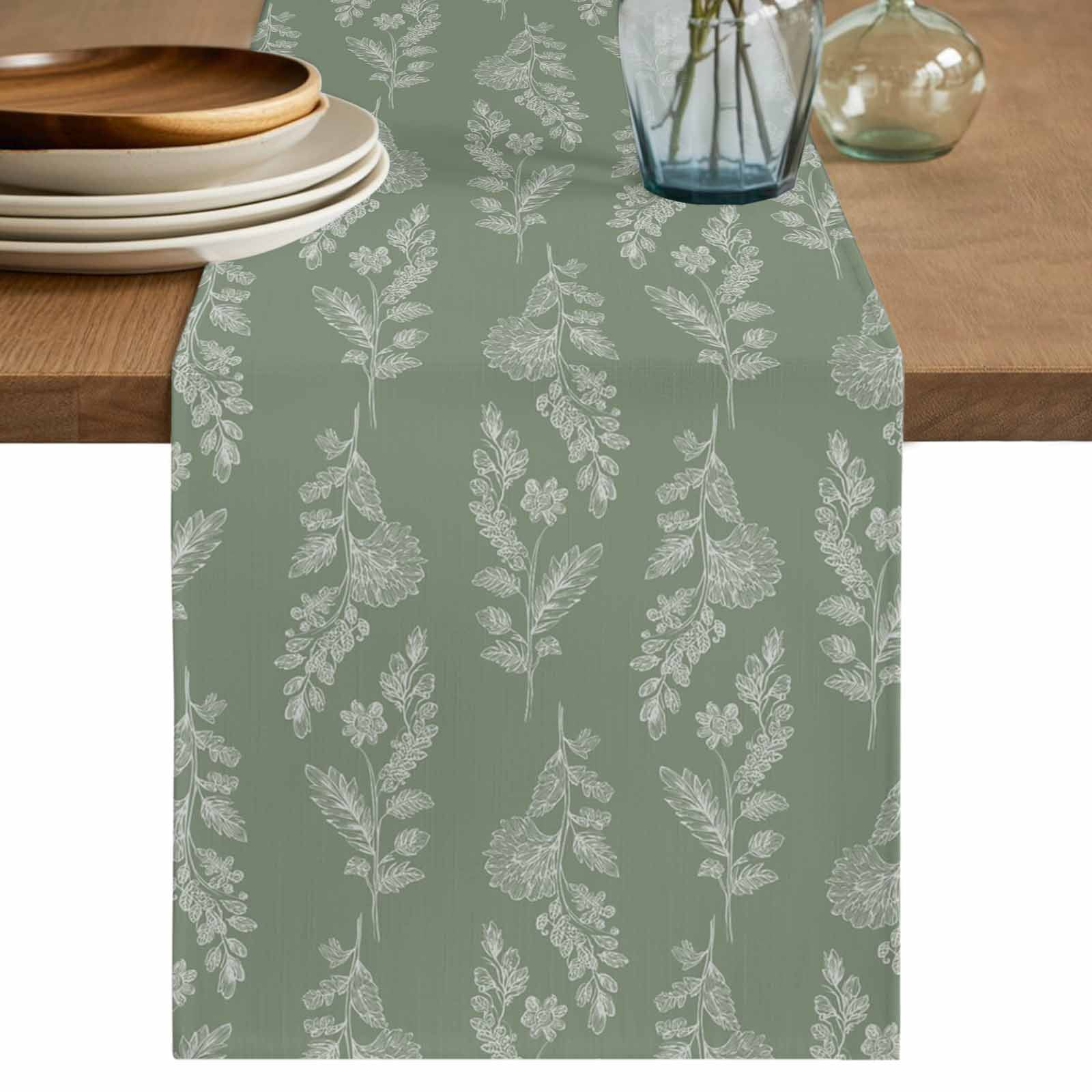 Dark Green Botanical Table Runner 72 Inches, Pastoral Elegant Spring ...