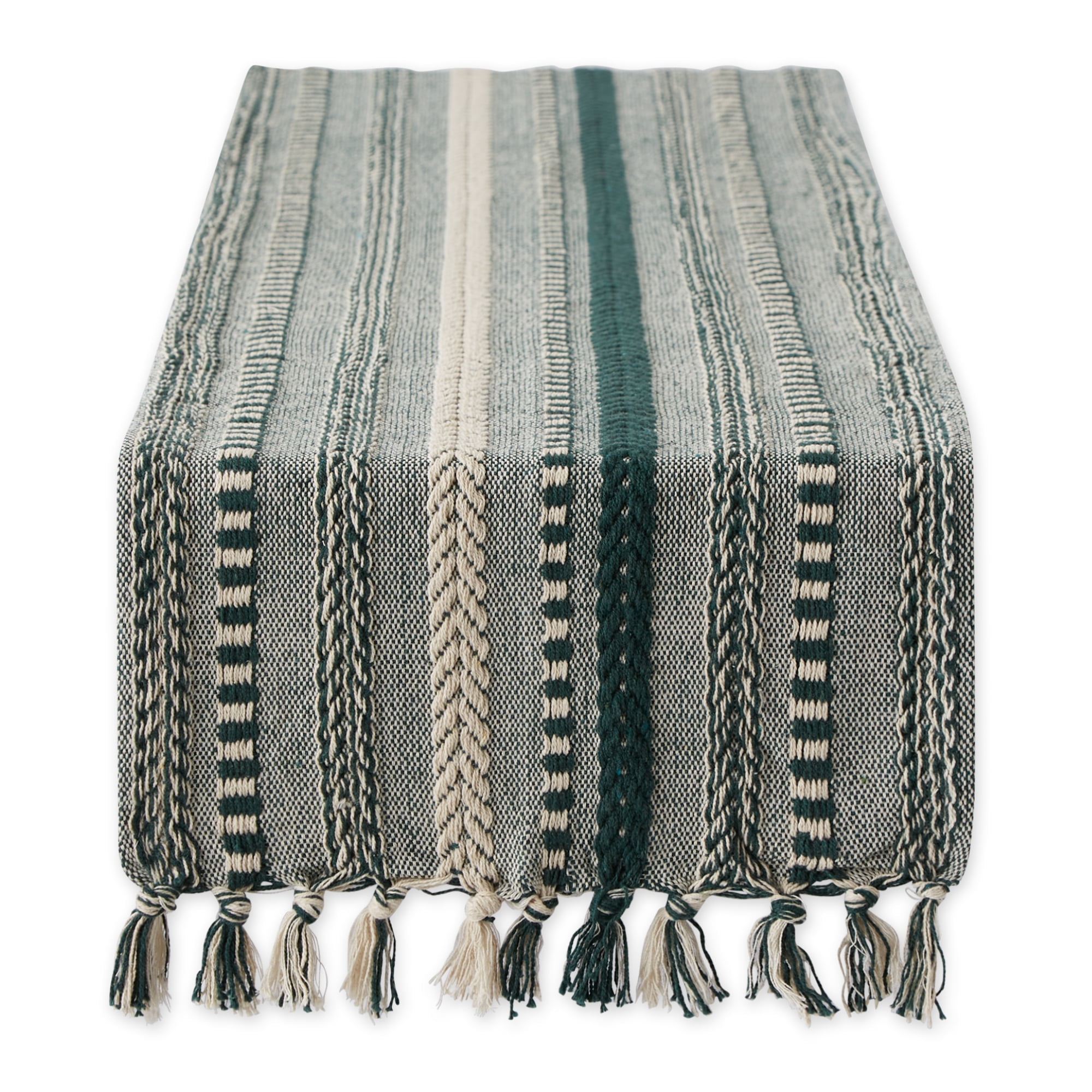 Dark Green and Beige Cotton Braided Stripe Table Runner with Fringe