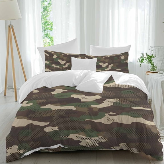 Dark Green Brown 4 Piece Duvet Cover Set Full Size Vintage Military Camouflages Abstract Art Soft Bedding Set Comforter Cover, 1 Duvet Cover 1 Flat Sheets and 2 Pillowcases