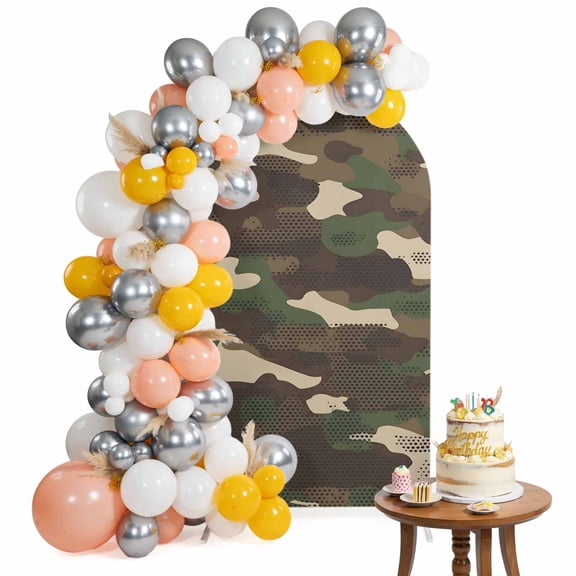 Dark Green Brown Arch Backdrop Cover 4FT Vintage Military Camouflages Abstract Art Spandex Fitted Arch Covers Stretchy Backdrop Decoration for Wedding Birthday Graduation Party
