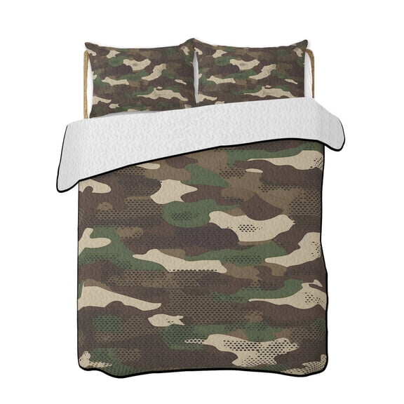 Dark Green Brown Quilts Bedding Set Queen Size Vintage Military Camouflages Abstract Art Lightweight Quilted Bedspread 3 Piece Bed Quilt with 2 Pillow Shams All Season for Bedroom 78" x 90"