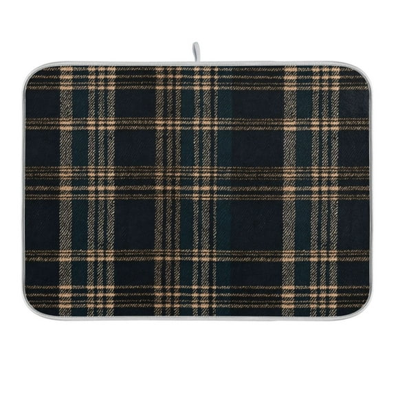 Dark Green Brown Tartan Dish Drying Mat 16x18 Absorbent Microfiber Draining Rack Pad for Kitchen Counter Sink