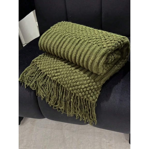 Dark Green Bubble Towel Textured Knit Throw Blanket With Fringe, Soft Acrylic For Sofa Bed Decor