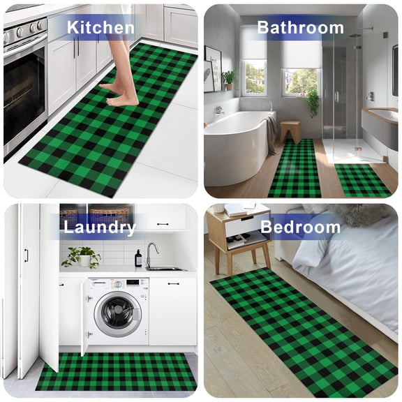 Dark Green Buffalo Check 2 Pieces Non-Slip Kitchen Mat Set Rustic Modern Art Green Plaid Soft Door Mat with Rubber Backing,Dirtproof Rugs for Entrance Doorway 23.6x35.4in+23.6x70.9in