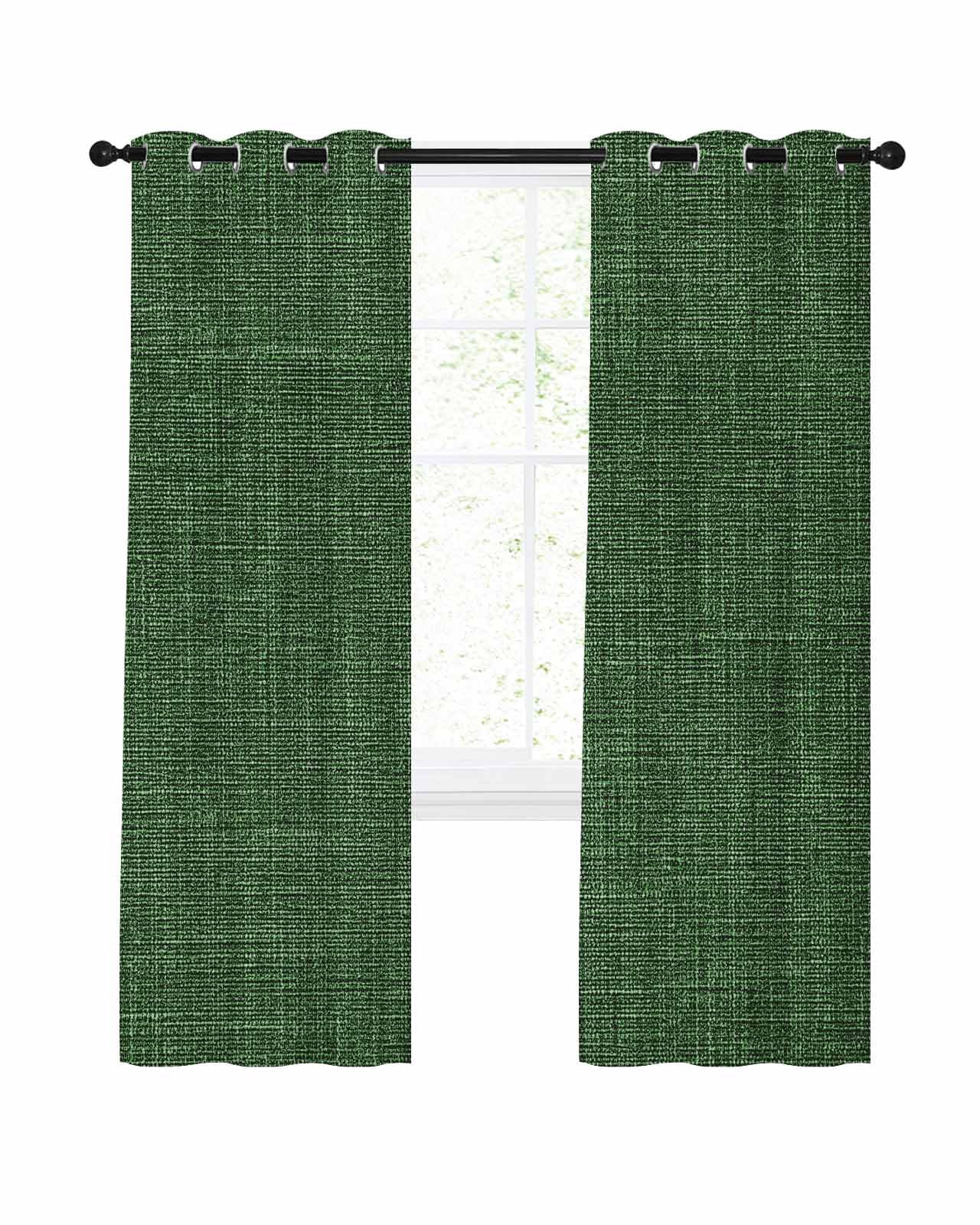 Dark Green Burlap Texture Blackout Curtains 63 Inches Long, Farmhouse Vintage Green 2 Panels, Thermal Insulated Room Darkening Drapes with Grommets, 52W x 63L Each Panel