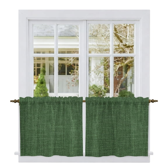 Long Valance Dark Green Burlap Texture Kitchen Tier Curtains 36 Inch Long 2 Panel ...