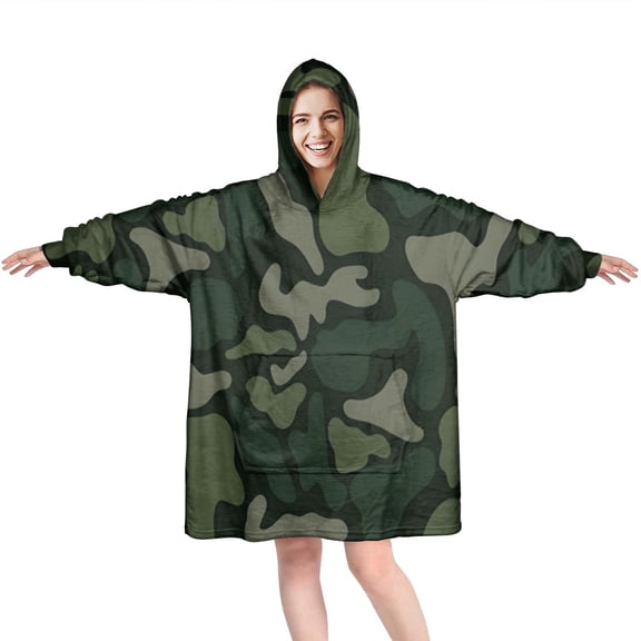 Dark Green Camo Classic Shapes Pattern Wearable Oversized Blanket,Wearable Blanket Hoodie for Adults,Cozy Hooded Blankets with Super Pockets,Super Warm Fuzzy Pullover for Women & Men