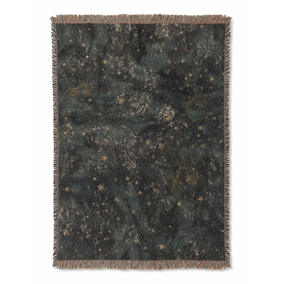 Dark Green Celestial Star Woven Throw Blanket, Cotton with Fringed Edges, Cosmic Style, Couch and Bed Home Decor