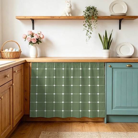 Dark Green Checkered Cabinet Curtains 10" W x 11" L Modern Minimalist Geometric Grid Lines Plaid Waterproof Adhesive Kitchen Under Sink Curtain Dust-Proof Dishwasher Skirt for Closet