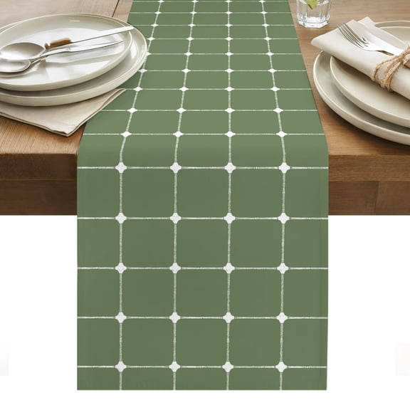 Dark Green Checkered Cotton Linen Table Runner Modern Minimalist Geometric Grid Lines Plaid Dining Table Runners for Home Decor Party Dining Room Restaurant Kitchen Party 13" x 48"