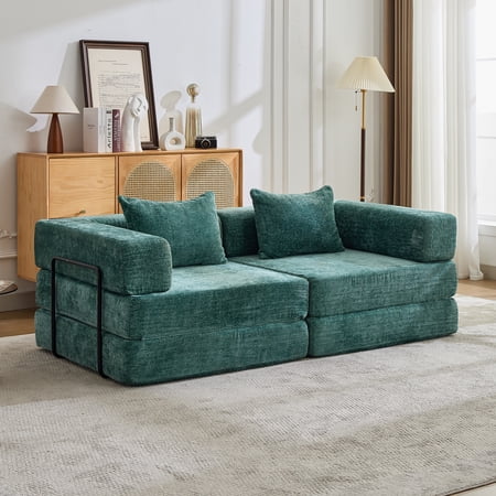 78.74" Compression Sofa, Convertible Floor Sofa Bed with Fixed-Shape Frame, Loveseat Boneless Modular Sectional Couch for Living Room Bedroom, Dark Green